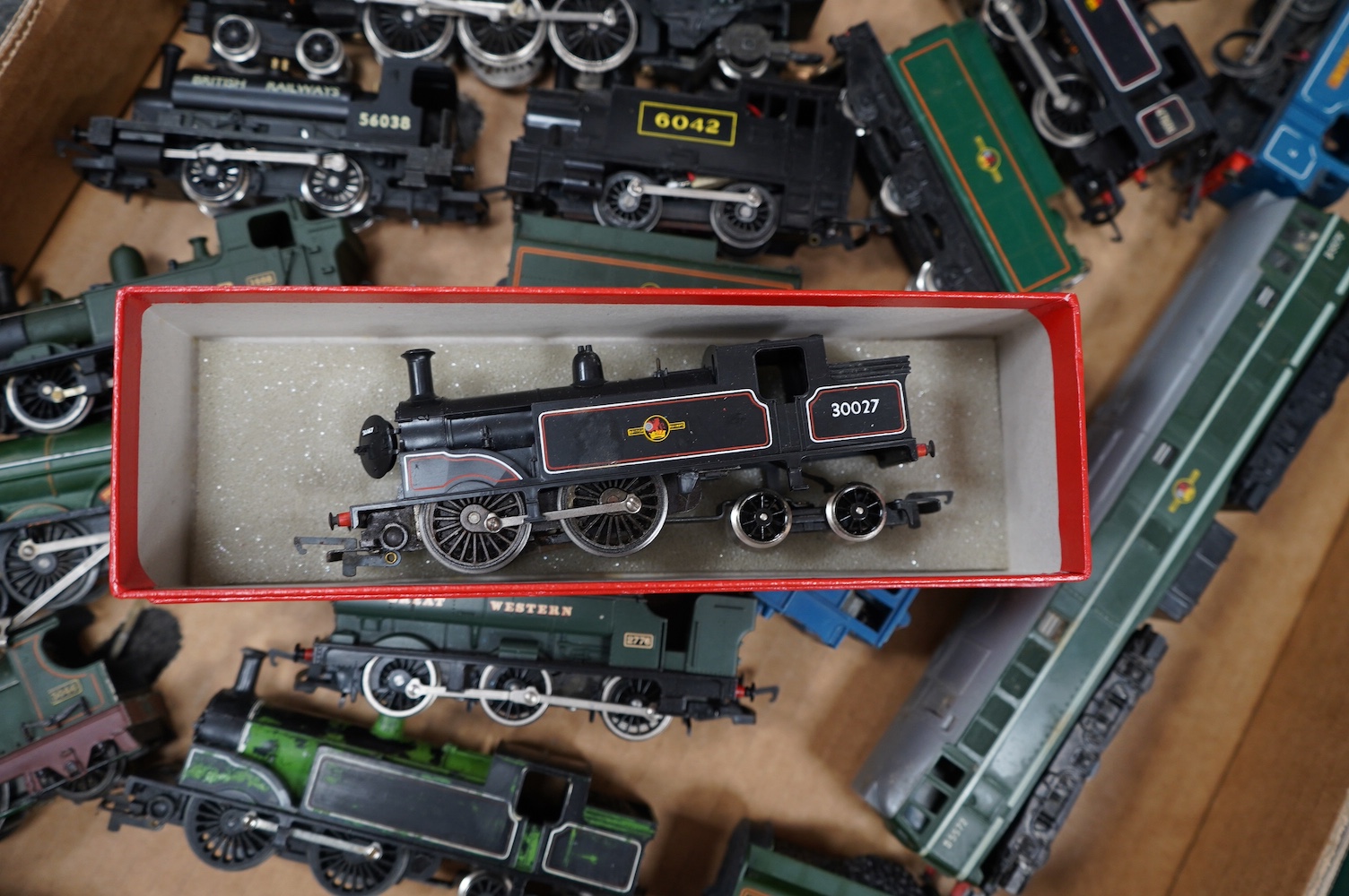 A collection of 00 gauge railway by Hornby, Tri-ang, etc. including; sixteen locomotives (a.f.), many for restoration, together with eighteen bogie coaches including; InterCity, LMS, and BR(MR). Condition - poor to good.